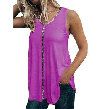 Women's Summer Solid Sequined Sleeveless Casual Tunic Top Tank Shirt Vest Blouse